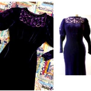 Rare 1930s Vintage Purple Velvet Mesh Cut Out Bias Dress with Rhinestones